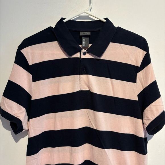 H&M Men’s Polo Shirt Medium – Pink & Navy Blue Striped Short Sleeve Rugby Style - Picture 7 of 8